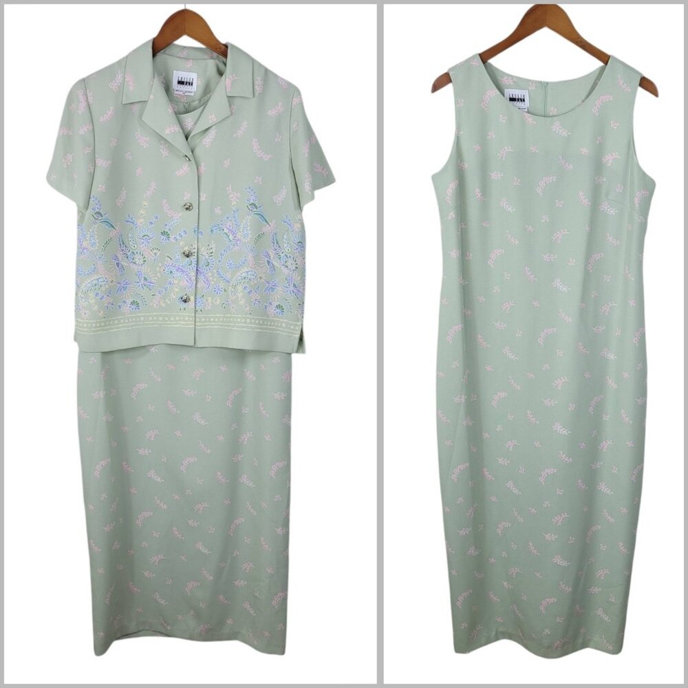 Vintage 90s Dress Jacket Set size 14 Petite top Long Green pink spring Easter